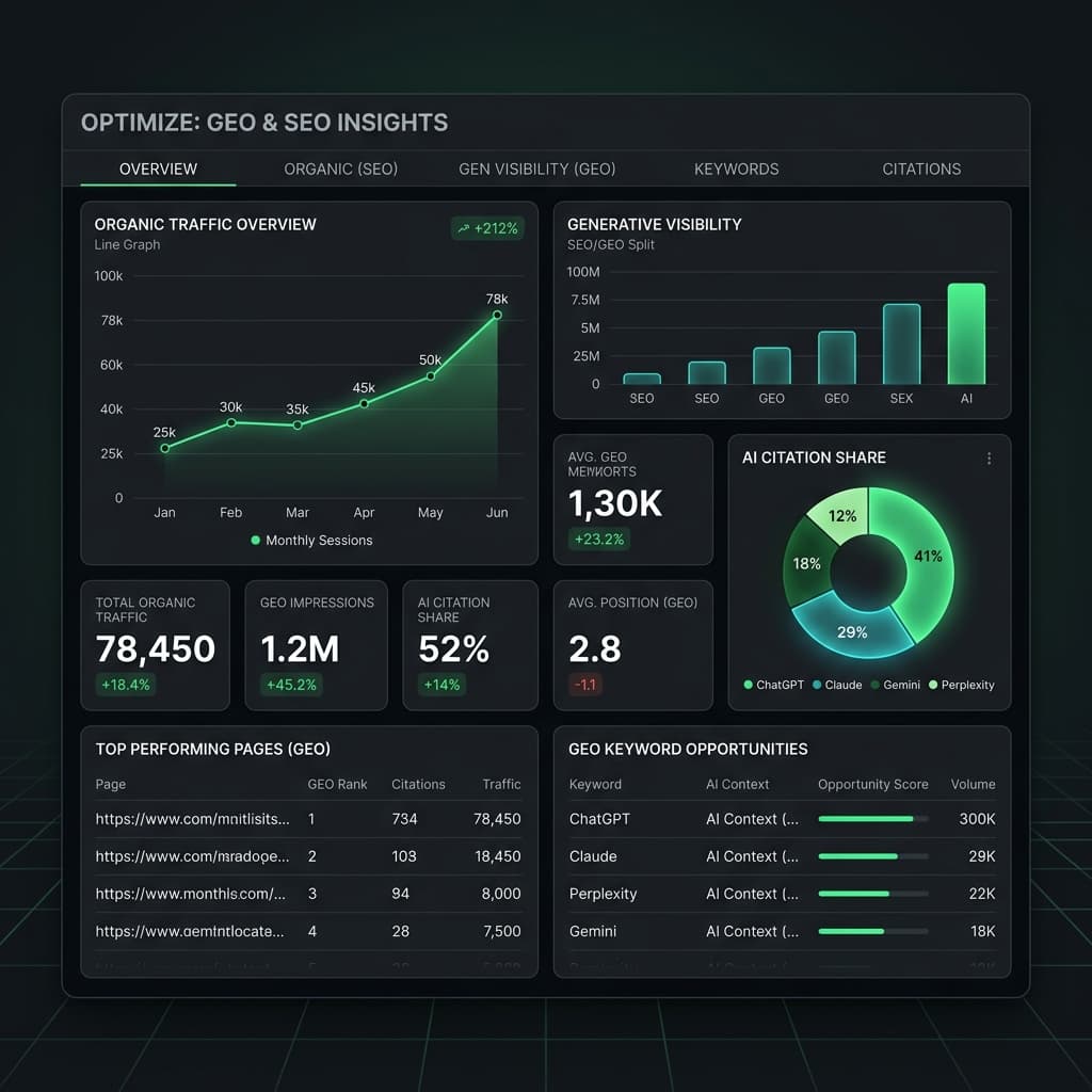 Weblo Digital SEO & GEO Performance Analytics Dashboard Screenshot